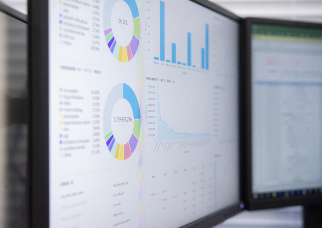 An image of a screen showing lots of data in the form of graphs and pie charts.